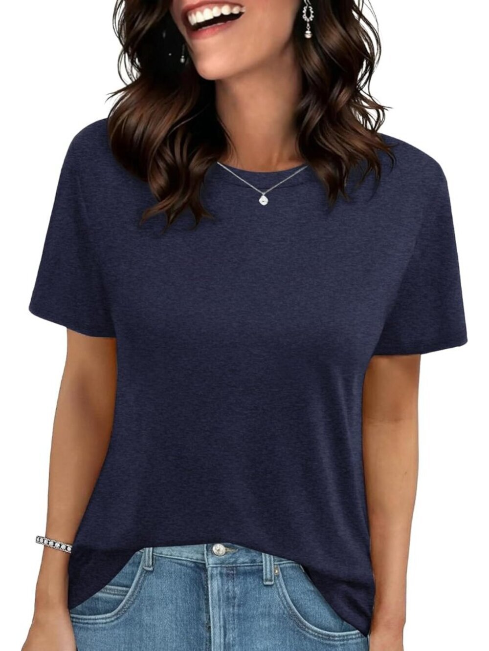 Women's T Shirts Navy Blue Casual Short Sleeves Spring Summer Beach Vacation Top